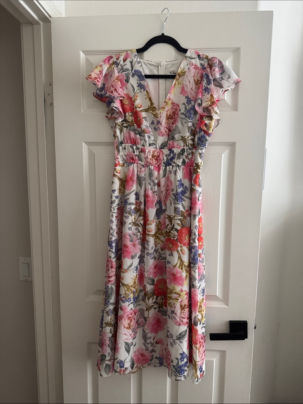 Eliza J Floral V-Neck Midi Dress in White, Pink, Red and Purple